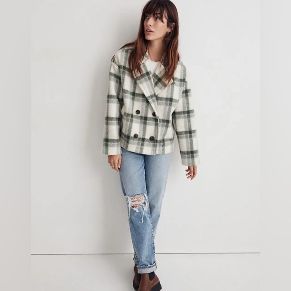 Madewell Jacquard Double-Breasted Crop Blazer in Plaid M
